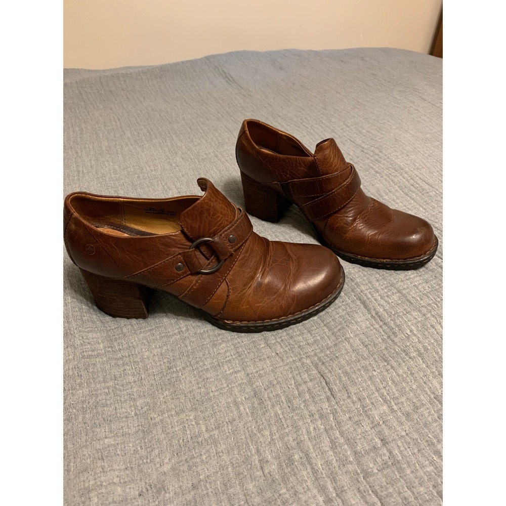 BORN Brown Leather Ankle Boots Buckle Block Heel Women‎ Size 8.5
